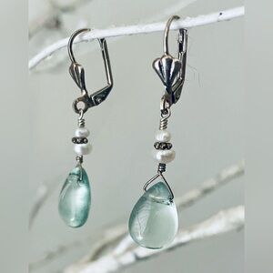 Fresh Water Pearl - Prehnite - Drop Earrings - Silver Clasp